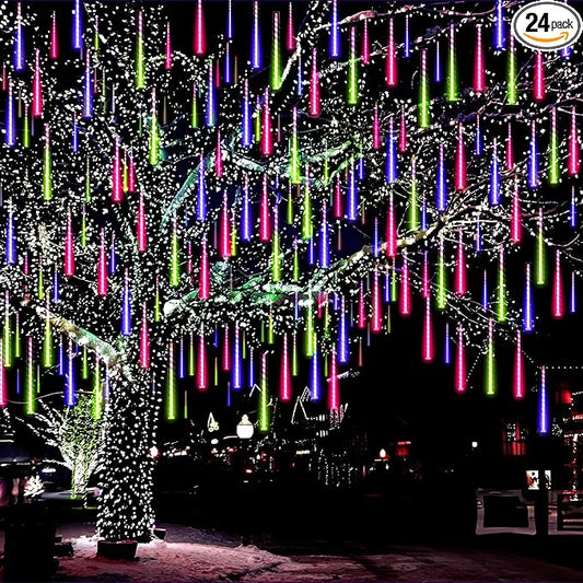 Aukora Christmas Lights Outdoor, 24 Tubes 576 LEDs Meteor Shower Light, Icicle Snow Falling Rain Lights for Xmas Tree Christmas Decorations Wedding Party Holiday Garden Decor, UL Plug (Multicolor)