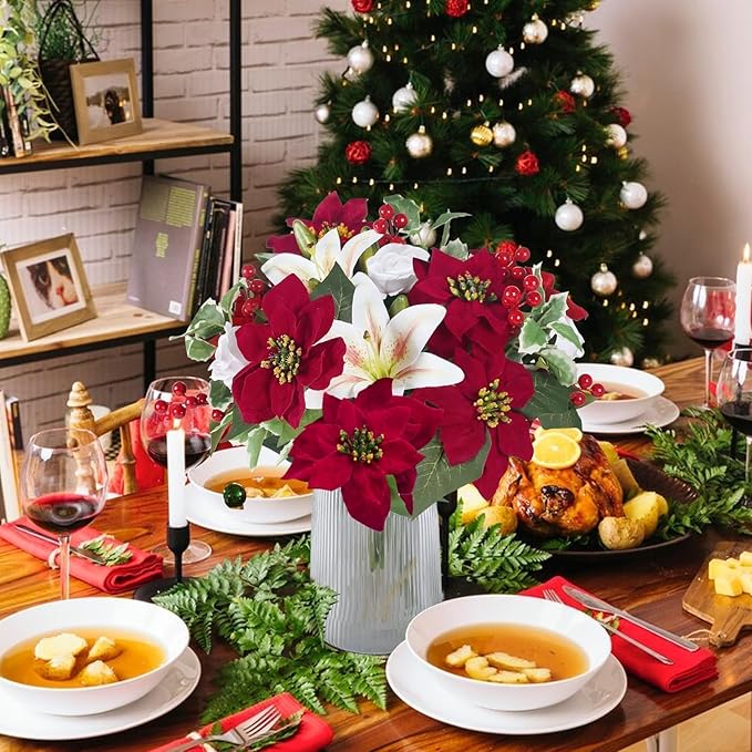 HUAESIN Poinsettias Artificial Christmas Flowers Cemetery Silk Christmas Floral Arrangements with Lily Rose Red Holly Berries Winter Flowers Christmas Picks for Xmas Home Vase Table Grave