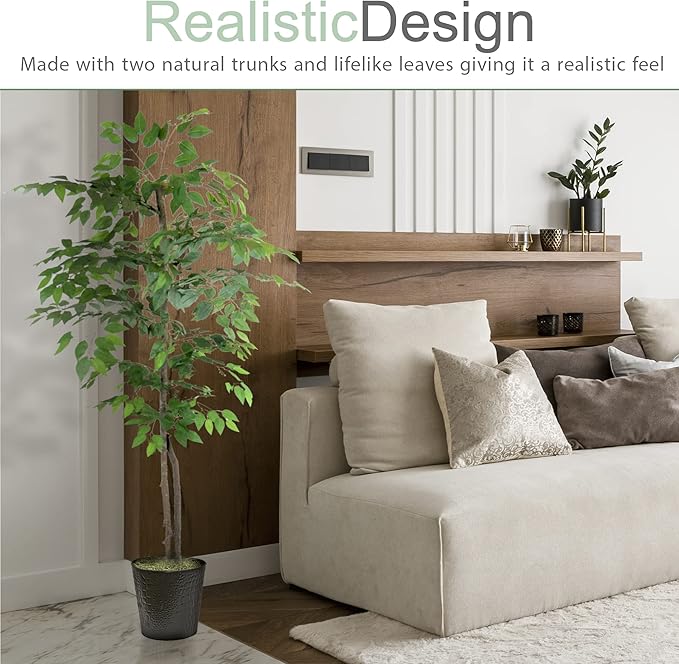6ft Artificial Ficus Tree in Black Metal Pot - Real Wood Trunk, Preassembled, No Maintenance Indoor Faux Plant - Living Room, Home & Office Decor