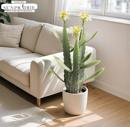 33 Inch Large Artificial Cactus with Lilly White Flowers in Pot with Natural Gravel. Satin Finish Leaves with Real Look and Feel. Outdoor and Indoor Faux Plants.