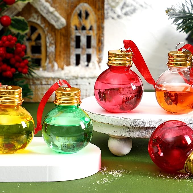 Patelai 18 Pcs Christmas Drink Balls Shot Glass Ornament Plastic Fillable Christmas Tree Ornaments Xmas Water Bottle Bulbs for Holiday Party Indoor Outdoor (Green,Rose with Gold Lid)