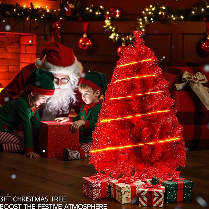 Red 3ft Christmas Tree with Lights, Small 36inch Artificial Tree Mini Table Top Decorations, Xmas Desk Tree with 80 Colored Lights, 200 Branch, Holiday Decor for Home,Indoor Office Tabletop