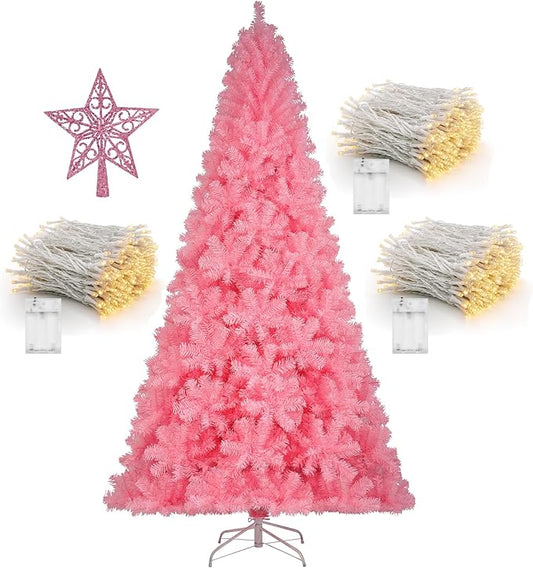 KTKDE 7.5ft Pink Christmas Tree, Artificial Christmas Tree, Sturdy Metal Stand with 1450 Tips (Pink top Star, LED Battery Box), Home, School, Party Office Holiday Decorations