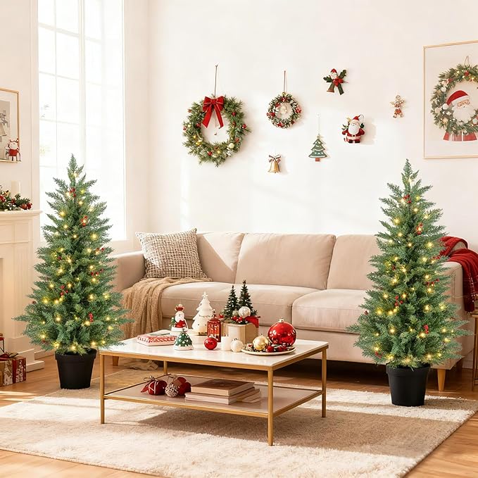 Happygrill 2 Pack 4 FT Pre-lit Cypress Christmas Trees, Potted Entrance Xmas Trees w/70 Warm White LED Lights, Timer, Red Berries, Battery-Operated Artificial Cypress Tree for Front Porch & Holiday