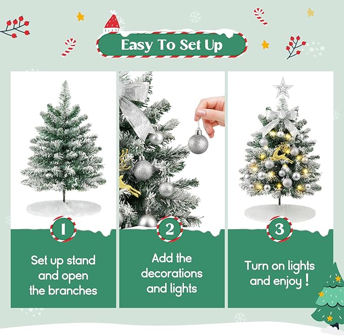 N&T NIETING 24 Inch Small Christmas Tree with Lights, Mini Flocked Christmas Tree Set, 2FT Table Top Artificial Christmas Trees with Ornaments, Little Xmas Tree for Holiday DIY Christmas Decoration