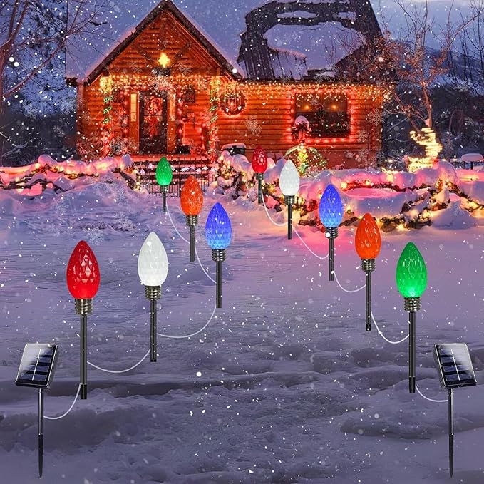 IDEAALS 10 Pack Jumbo Multicolor Solar C9 Christmas Lights Outdoor，LED Solar Pathway Lights Waterproof, Strawberry Light Christmas Decorations Outdoor for Walkway Party Patio Garden Lawn Yard Decor