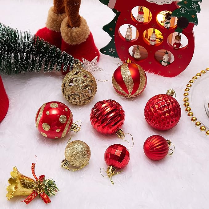 100PCS Christmas Ball Ornaments, Assorted Shatterproof Christmas Tree Decorations, Seasonal Decorative Hanging Baubles Decor Set for Xmas/Holiday/Party, Glitter&Painting Ornament Set (Red Gold)
