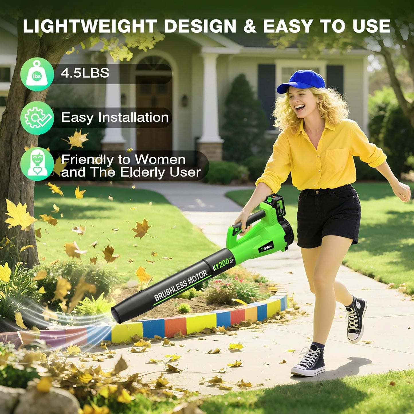 Tietoc Leaf Blower Cordless, 1200W Brushless Electric Leaf Blower with 2 X 5.0Ah Battery, 6 Speed Levels, 2 Extended Tube and Nozzles, Powerful Leaf Blowers for Garden, Patio, Lawn Care (Green)