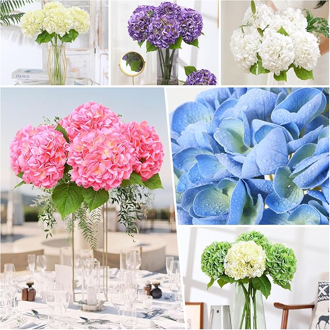 Nubry 22.44In Pink Hydrangea Artificial Flowers,4Pcs Latex Faux Real Touch Large Hydrangea Flowers with Long Stems & Leaves for Home Office Decor Wedding Party Arrangements(Pink)