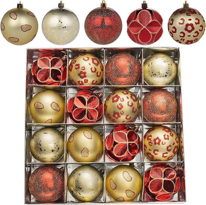 16CT Leopard Christmas Ornaments,Shatterproof Red and Gold Christmas Decorations, Lage Baubles Ornaments Hanging Decor for Xmas Tree Home Party Festivals (80MM/3.15'')