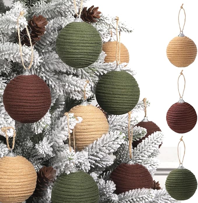 JOICEE 9 Pcs Boho Christmas Ball Ornaments Set, Jute Rope Hanging Balls Neutral Rustic Ornaments Christmas Ball Decoration for Xmas Tree Wreath Garland Party Farmhouse Decor(Green, Linen,Dark Brown)