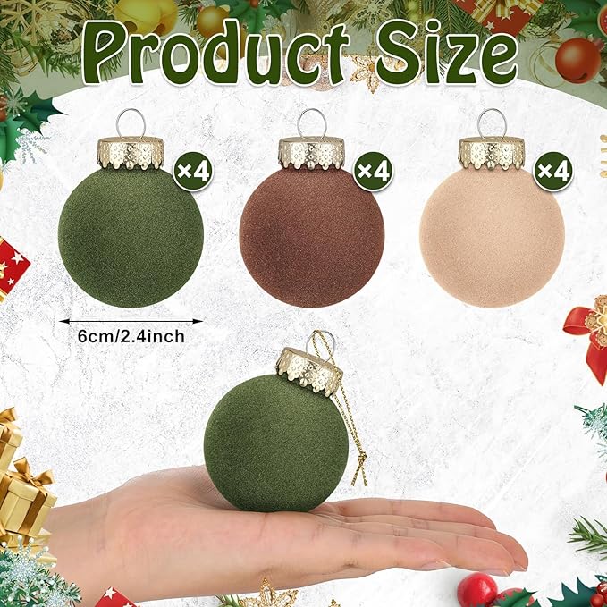 12 Pcs Velvet Christmas Balls Flocked Christmas Tree Hanging Ornaments Shatterproof Plastic Hanging Balls Decorations for Xmas Tree Party Home Holiday Decor (Brown, Green, Beige, 2.36 inch)