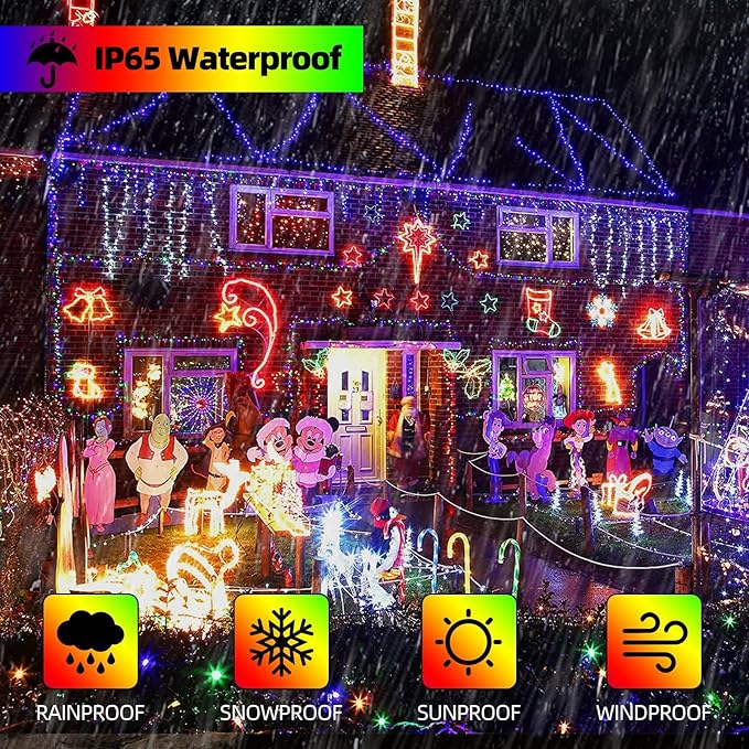 Music Motion Sensor Christmas String Lights 105FT 300 LED，Multicolour Christmas Tree Lights，End to End Plug In 6 Modes Decorative Light, No Timer；Waterproof for Indoor Outdoor Tree Party Decor