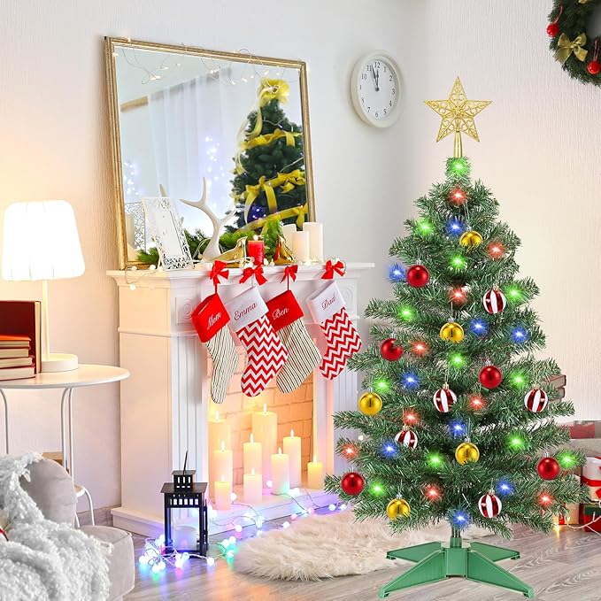 [ Timer & 12 Modes ] 3 Ft Christmas Tree with 50 Warm White & Multi Color Lights 15 Ball Ornaments 3D Star Remote Control Battery Operated Small Christmas Tree Xmas Christmas Decorations (Green PVC)