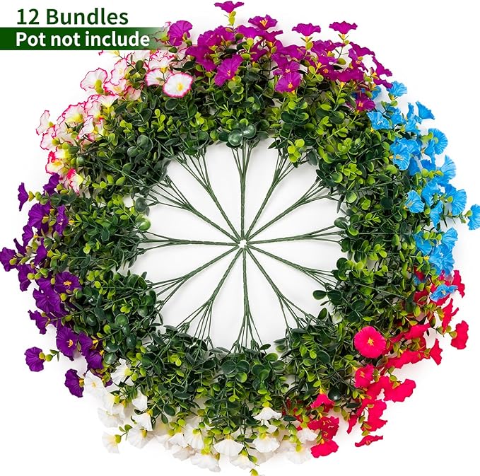Lnoicy Artificial Flowers for Outdoor 12 Bundles Eucalyptus Fake Flowers for Planter,UV Resistant Fake Morning Glory for Home/Porch/Garden Decoration (Mix Color)