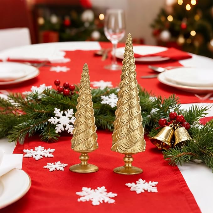 2Pcs Christmas Tree Figurines, Gold Resin Christmas Trees with Spiral Design, Small Decorative Tabletop Trees for Mantel, Modern Holiday Home Decor for Living Room, Office, Shelf, Festive Centerpiece