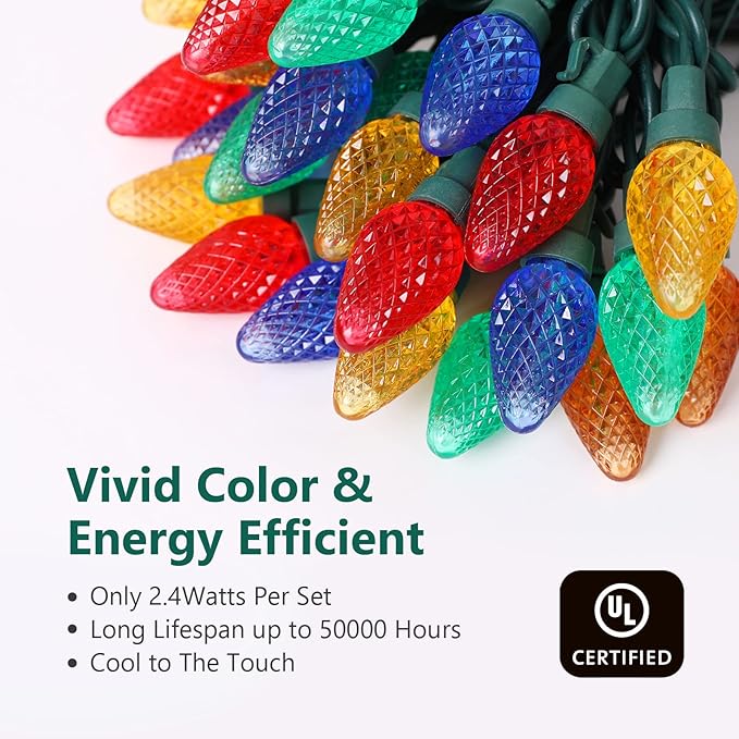 2-Set C7 Led Christmas String Lights, 25.16ft 50 LED Waterproof Decorative Light Strand, Extendable Green Wire String Lights for House, Christmas Tree, Patio, Party Decoration, Multicolor