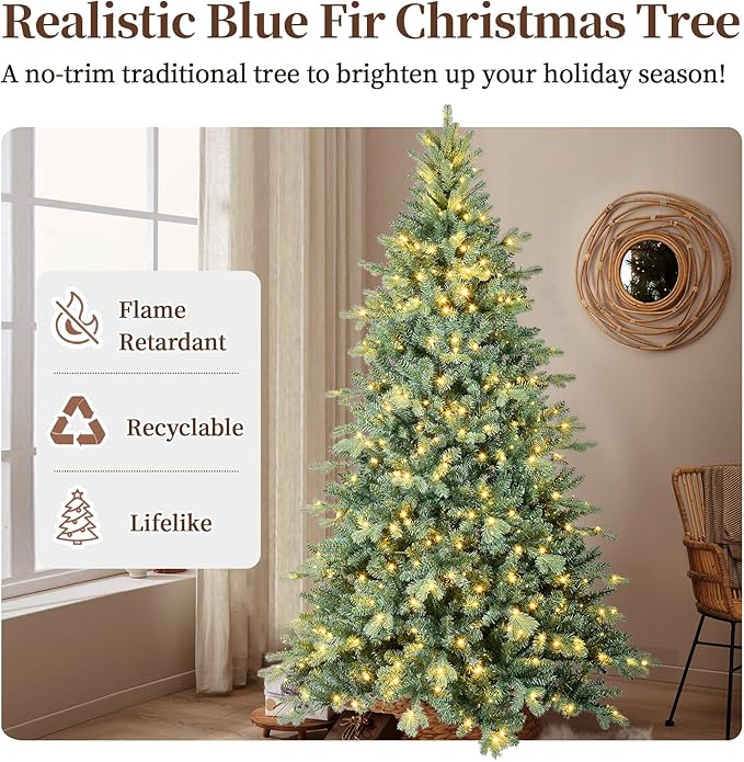 Prelit Artificial Christmas Tree 7ft, Blue Spruce Christmas Tree with 500 Led Lights, 1685 Branches, Metal Tree Stand for Home Office Mall Holiday Decorations