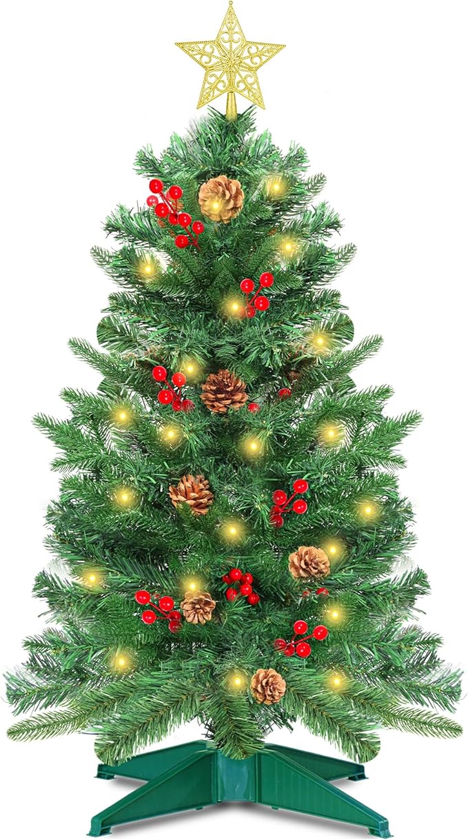 3 Ft Green Christmas Tree with Lights, Timer 8 Modes DIY 50 Warm White Lights Battery Operated Small Artifical Full Xmas Tree Pine Needles Cones Red Berry for Tabletop Home Indoor Holiday Party Decor