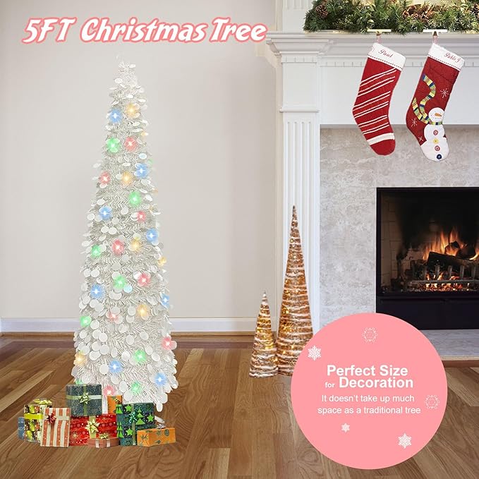 BTU Pop Up Christmas Tree, 5FT Collapsible Artificial Christmas Tree with 90 LED Lights, Tinsel Small Pencil Christmas Tree for Home Holiday Fireplace Party Indoor Outdoor Xmas Decorations (White)