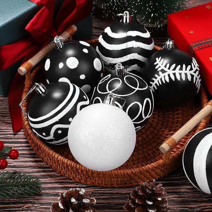MCEAST 16 Pieces 3.15 Inches Christmas Balls Christmas Tree Pendants Shatterproof Decorative Baubles Balls for Christmas Tree Decoration, Black, White
