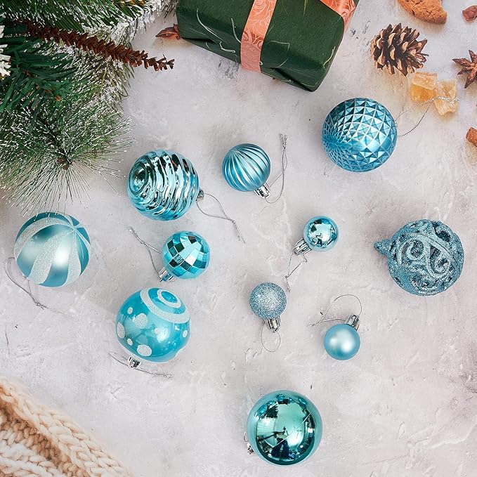 100PCS Christmas Ball Ornaments, Assorted Shatterproof Christmas Tree Decorations, Seasonal Decorative Hanging Baubles Decor Set for Xmas/Holiday/Party, Glitter&Painting Ornament Set (Light Blue)