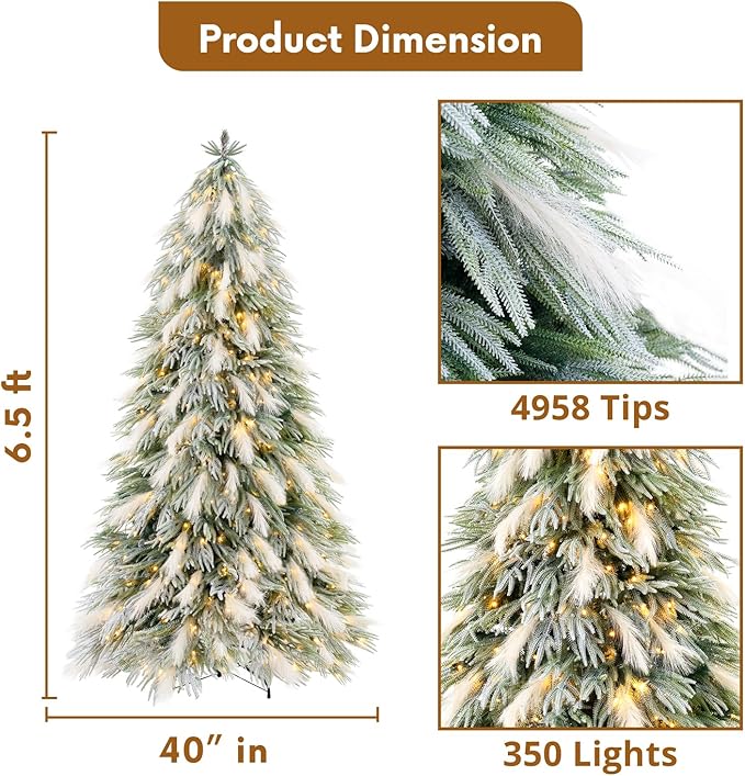 Makenna 6.5ft Snow Flocked Feathery Frosted Prelit Artificial Christmas Tree with 4958 Pampas Tips, 350 Warm Lights and Metal Stand, 40" Wide Realistic Snow Flocked Pine Christmas Tree with Lights