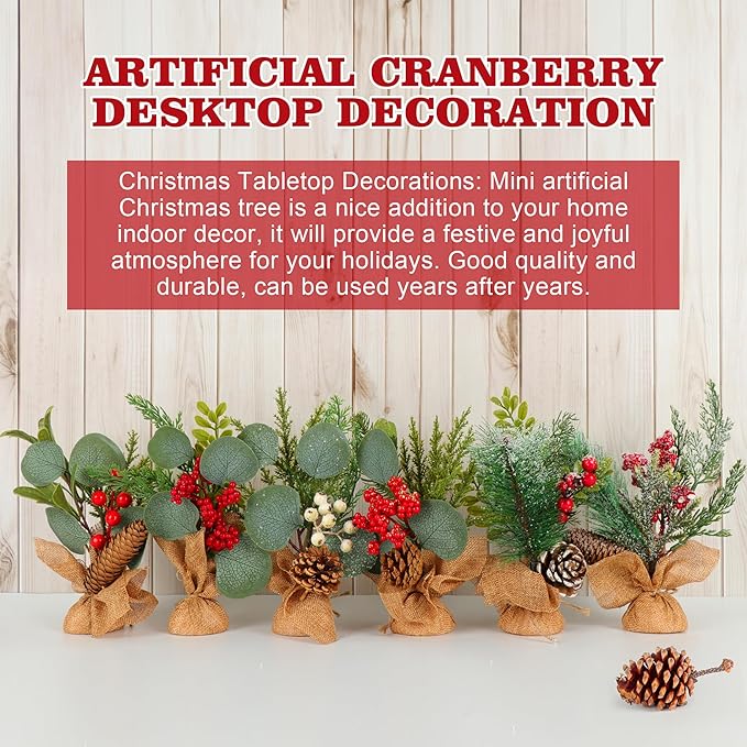 6 PCS Rustic Mini Christmas Tree Tabletop Set, Mixed Green Leaves, Red Berries and Pine Cones, 9 inch Artificial Trees with Burlap Bases, Ideal for Holiday Home Office Table Centerpiece