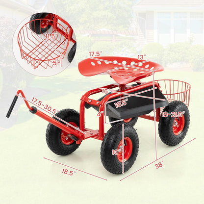Rolling Garden Seat, Garden Stool with Wheels, Extendable Handle, Storage Basket & Tool Tray, Garden Scooter with 360 Degree Swivel Seat for Outdoor, Garden & Yard (Red)