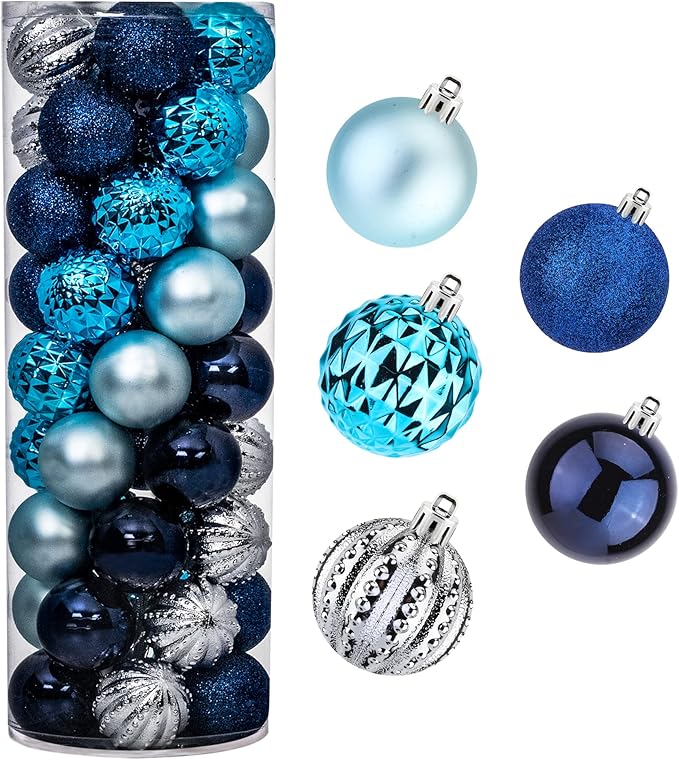 45Pcs 6cm/2.36inch Christmas Balls Glitter Ornaments Set, Shatterproof Plastic Xmas Tree Hanging Ornament, Christmas Decorations Balls for Holiday Festival Wedding House Bar Party(Navy/Blue/Silver)