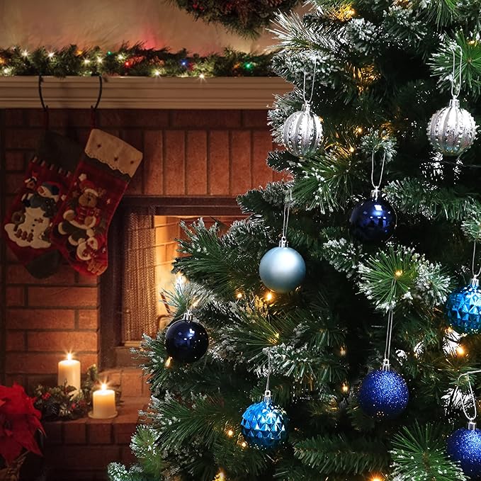 45Pcs 6cm/2.36inch Christmas Balls Glitter Ornaments Set, Shatterproof Plastic Xmas Tree Hanging Ornament, Christmas Decorations Balls for Holiday Festival Wedding House Bar Party(Navy/Blue/Silver)