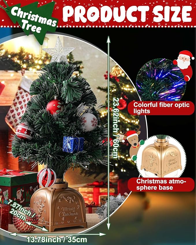 2FT Rotating Musical Tabletop Christmas Tree with Lights, Pre-Lit Green Fiber Optic Mini Xmas Tree with Spinning Music Base for Small Space Home Office Desk Holiday Decor