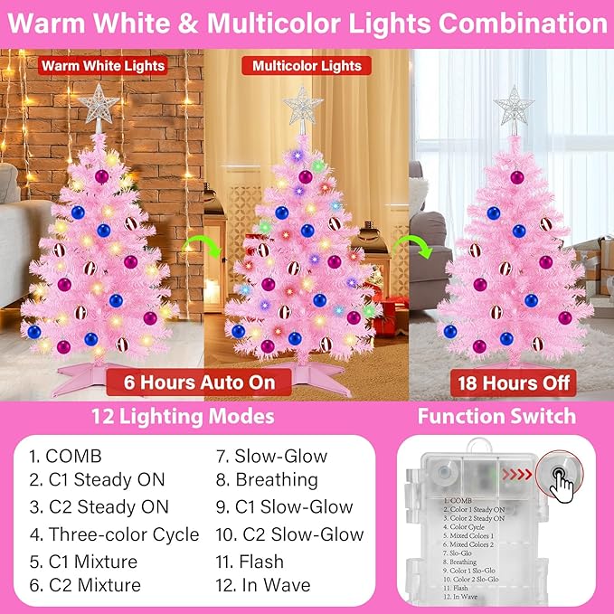 [ Timer & 12 Modes ] 3Ft Pink Christmas Tree with 50 Warm White&Color Lights 3D Star Battery Operated Christmas Day Decor Tree Indoor Home Tables Holiday Christmas Decorations