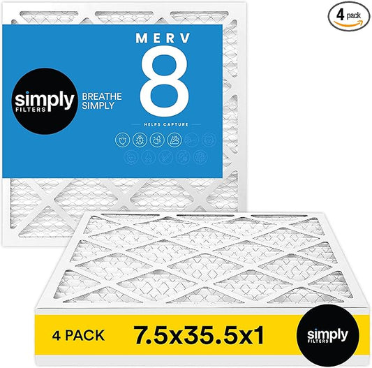 Simply 7.5x35.5x1 Air Filter, Merv 8, 4 Pack, For Home AC Furnace & HVAC (Actual Size: 7.5x35.5x0.75") DUST, Pet, & Allergy Control
