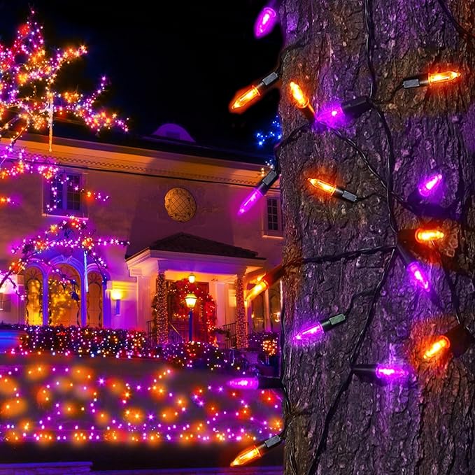 Orange Purple Battery Halloween Lights, 2 Pack 17ft Total 100 LED Mini String Light with 8 Modes Auto-Timer, Waterproof Tree Lights for Outdoor Indoor Xmas Holiday Wreath Garden Decor