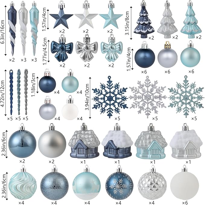 124Ct Blue and Silver Christmas Ornaments Set, Elegant Shatterproof Assorted Christmas Decorations for Xmas Tree Snowflake Icicle House Ball Ornaments Baubles for Holiday Party Decor (Blue&Silver