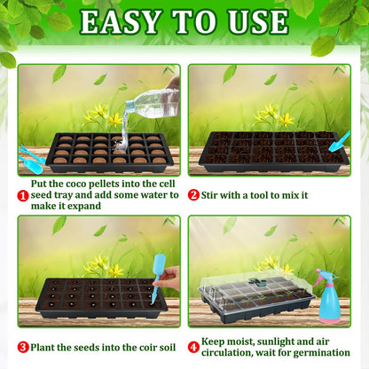 Halatool Seed Starter Kit, 2 Pack Seed Starter Trays with 50 Pcs Coco pellets and 2 Garden Tools & 100 Plant Labels, Greenhouse Indoor Seed Germination System for Herbs, Vegetables and Flowers (Black)