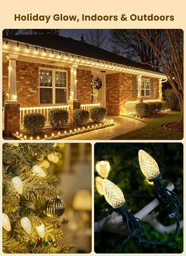 C9 68Ft Led Christmas String Lights 100 LED with Quick Clips Outdoor Waterproof Strawberry Lights, Commercial Grade Extendable for Indoor Outside Roofline Patio Home Xmas Decoration, Warm White