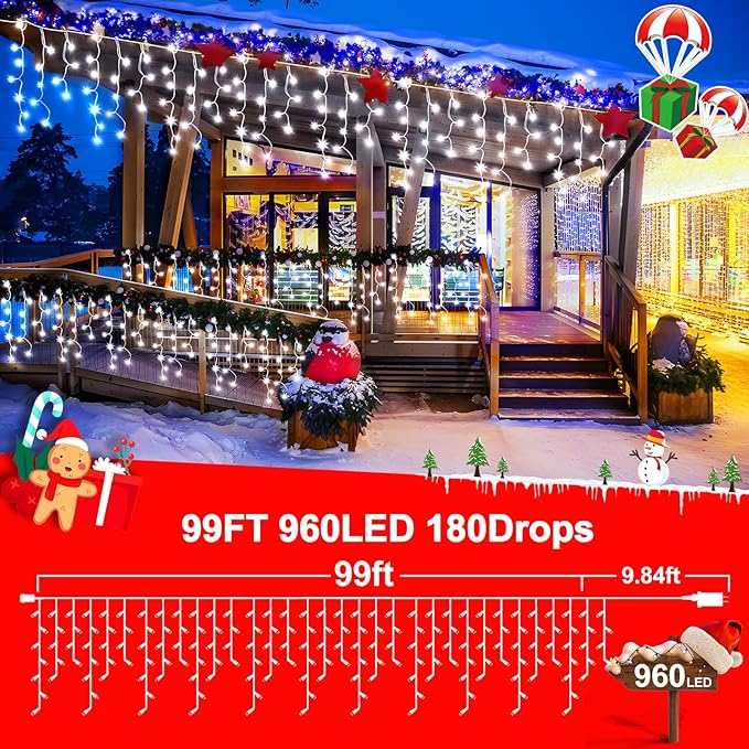 KNONEW 99ft 960 LED Christmas Lights Outdoor Decorations with 180 Drops, 8 Modes Curtain Fairy Light, Clear Wire LED String Light Indoor Decor for Wedding Party Christmas(Cool White)