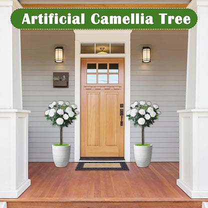 Sunnyglade 35.5" Set of 2 Artificial Camellia Tree, Faux White Camellia Flowers Plant with Spike Fake Silk Flora Topiary Plants Tree for Indoor, Garden, Yard, Porch, Patio Decoration