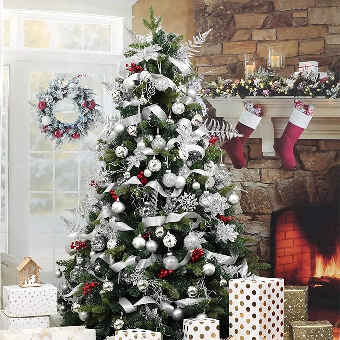 Wironlst Christmas Ball Ornaments Shatterproof Clear Large Plastic Hanging Ball Decorative Baubles Set with Stuffed Delicate Decorations (Multi-Size, Silver)