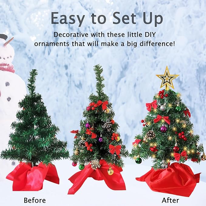 Juegoal 2 Pack Mini Christmas Tree Set 24 Inch / 2 FT, Table Top Artificial Christmas Trees with 50 LED Lights, Xmas Ornaments and Red Berries, Best DIY Christmas Decorations