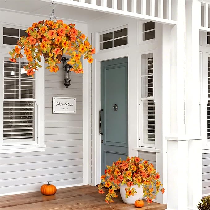 Artificial Fake Fall Flowers with Hanging Basket for Outdoor Decoration, Silk Faux Flowers UV Resistant Fake Plants for Home Porch Patio Garden Window Box Autumn Decor Look Real (Orange)