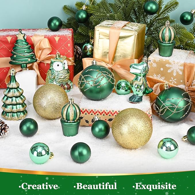 Dolicer 52 Pcs Christmas Tree Ornaments Various Styles Christmas Ball Ornaments Set Green Gold Christmas Ornament Shatterproof Lightweight Hanging Decorations for Xmas Tree Holiday Party Home