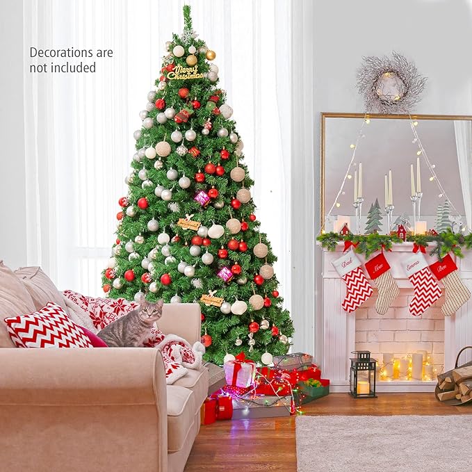 HAPPYGRILL 7FT Pre-lit Fiber Optic Christmas Tree, Artificial Xmas Tree Spruce Tree Green Tree with Metal Stand, 820 Branch Tips, Full Tree for Holiday Decoration