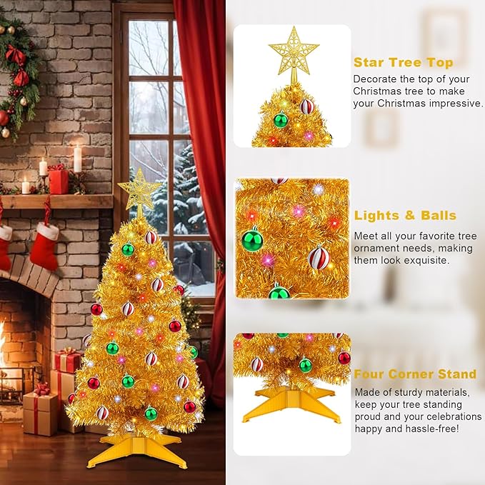 3 FT Small Artificial Christmas Tree with 50 Warm White & Multicolor Lights 15 Ball Ornaments Full Mini Xmas Tree for Tabletop Indoor Home Office Table Desk Holiday Decoration Gold