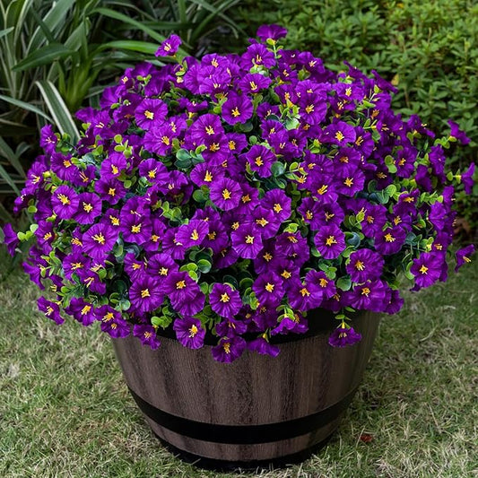 Artificial Faux Flowers for Outdoor 16 Bundles Boxwood Fake Morning Glory for Planter,UV Resistant Fake Flowers for Home Porch Patio Outside（Fuchsia）