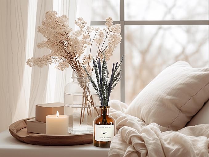WEALD TRIBE Reed Diffuser Set for Bathroom Air Fresheners, Oil Diffuser Sticks | French Black Juniper & Cedar Scent 4.0 fl oz Home Fragrance with Sticks Defusers | House Bedroom Office Shelf Decor