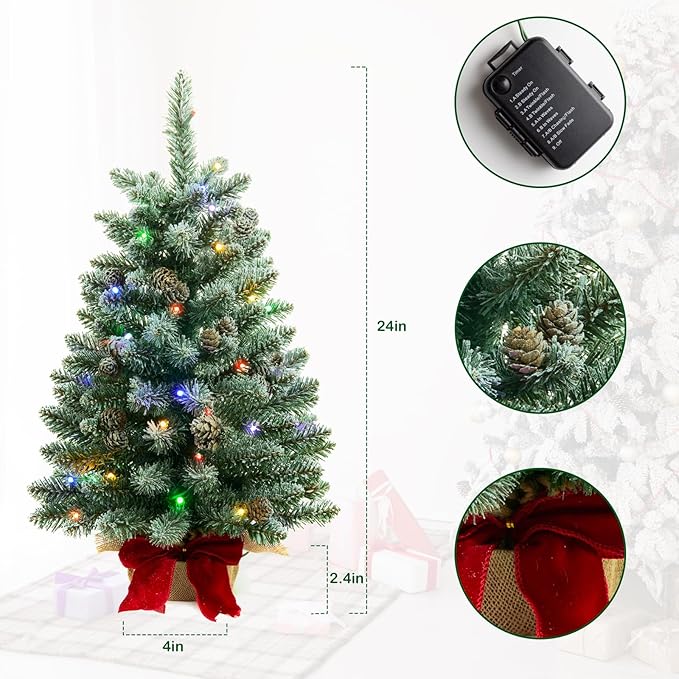 2 ft Mini Christmas Trees with Red Bow Base, 25 F5 LED Lights, 24" Decorated Burlap Artificial Tabletop Christmas Trees with Flocked Pine Cone