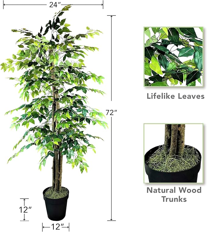 6ft Deluxe Artificial Ficus Tree in Black Plastic Pot - Real Wood Trunk, Preassembled, No Maintenance Indoor Faux Plant - Living Room, Home & Office Decor